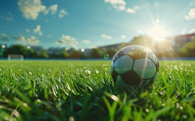 soccer ball, grassy field, sunlight, blue sky, sports, outdoor activity, nature, summer scene, vibrant colors, game preparation