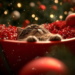 Wall Mural - Cozy cat relaxing in festive holiday decorations