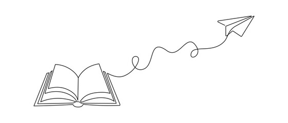 Wall Mural - Opened book and flying paper plane in one continuous line drawing. Creating content symbol and studying in traveling banner in simple linear style. Editable stroke. Doodle vector illustration