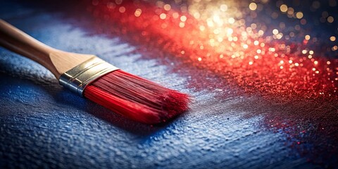 A paintbrush resting on a textured blue surface with a sparkling red and gold background