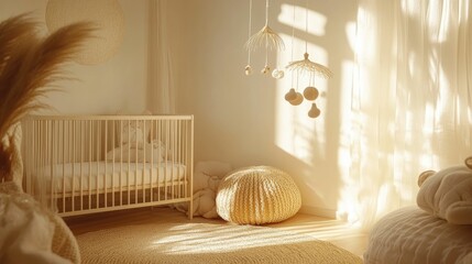 Wall Mural - Minimalist and Warm Nursery Decor with a Hanging Mobile and Soft Sunlight Pouring into the Cozy Serene Space