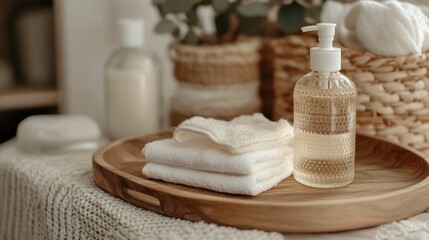 Wooden tray with baby bottle and plush washcloths in neutral tones creating a calming minimalist and clean aesthetic for lifestyle healthcare beauty or wellness related concepts and photography