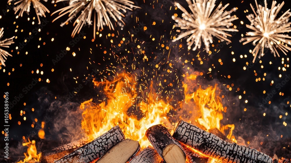 Exploding Marshmallow Bonfire with crackling logs, close-up of hands toasting marshmallows ...
