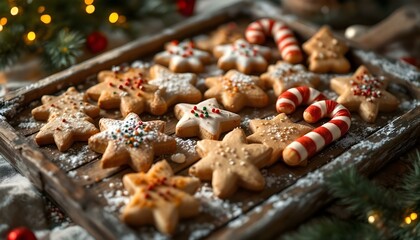 Deliciously festive holiday cookies shaped like stars, trees, and candy canes, adorned with colorful sprinkles and powdered sugar, beautifully displayed on a rustic wooden tray.