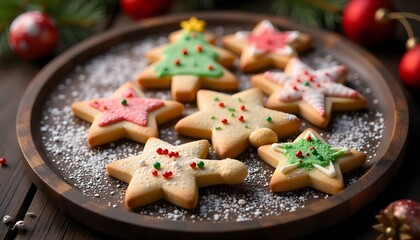 Deliciously festive holiday cookies shaped like stars, trees, and candy canes, adorned with colorful sprinkles and powdered sugar, beautifully displayed on a rustic wooden tray.