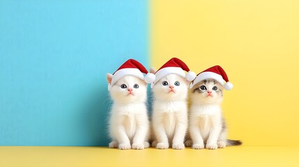 Wall Mural - Adorable kittens in Christmas hats on colorful background