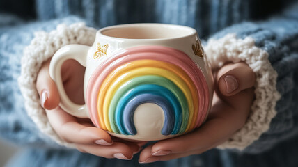 A person holds a colorful rainbow mug while wrapped in a cozy sweater on a chilly day