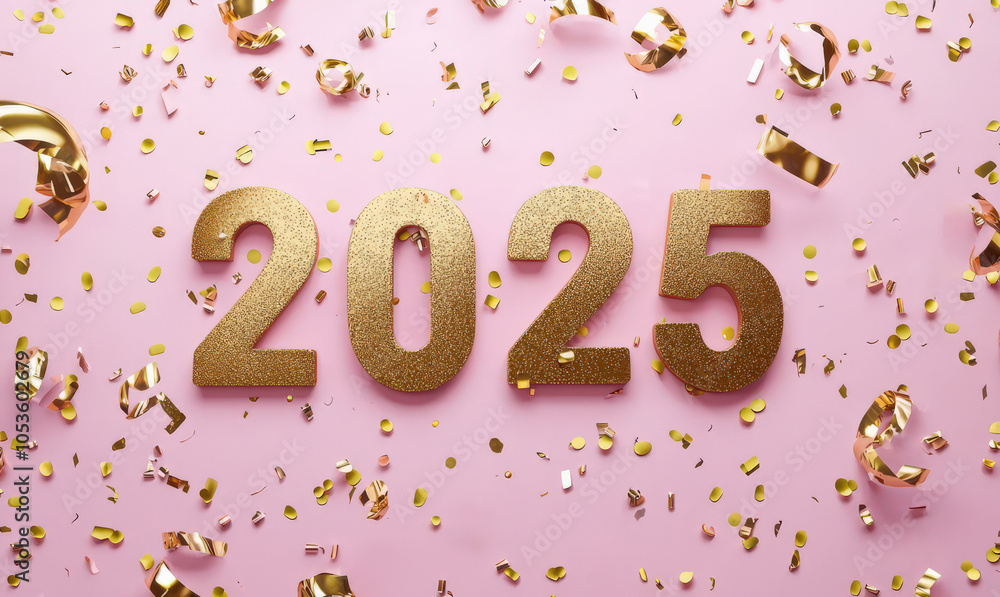 Fondo rosa de fin de año con serpentinas y confetti dorado y el numero ...