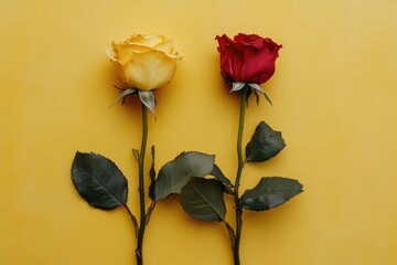 Close-up of two roses with contrasting colors on a bright yellow background