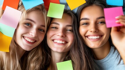 Business team brainstorming post-it notes sharing ideas teamwork concept women collaborating in creative office