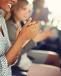 © peopleimages.com - Hands, business woman and applause with diversity in seminar for presentation, pitch or proposal. Team, people and collaboration for employee engagement, discussion and conference in corporate office