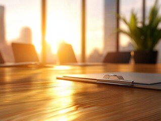 A serene office setting with a clipboard on a polished desk, bathed in warm sunlight with a cityscape in the background.