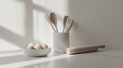 A clean white kitchen mockup featuring baking utensils, eggs, and a rolling pin, ready for a cooking session in a minimalist setting