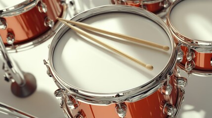 A close-up of a bright snare drum with sticks on top, surrounded by other parts of the drum set, isolated on a white background in 3D