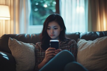 A person sitting on a couch staring at their mobile device