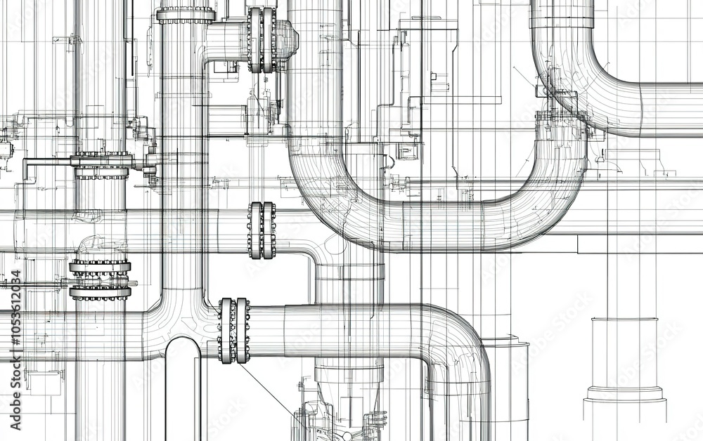 Detailed technical drawing of a complex piping system in an industrial ...