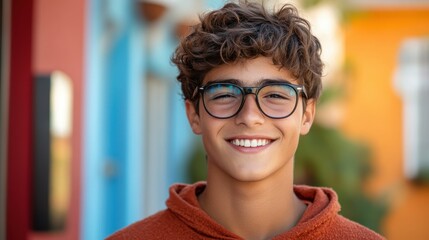 Teenaged French boy with trendy glasses and a cheerful grin.