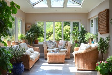 Bright and airy sunroom with wicker furniture, indoor plants, skylights, cozy reading nook, relaxing and tranquil space