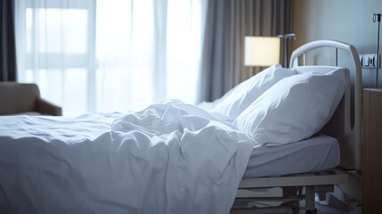 A white hospital bed in a room with a window and blue curtains.