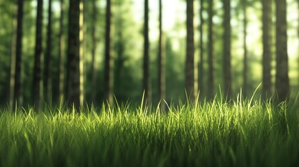 Wall Mural - A close-up shot of lush green grass in a forest, with a blurry background of trees. The sunlight filters through the leaves, creating a warm and inviting atmosphere.