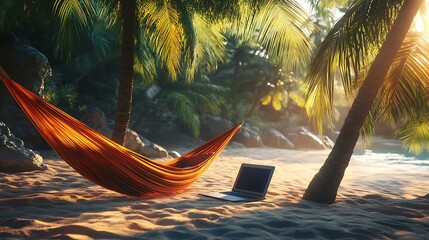 A cozy beach setup showcasing a laptop on a sandy surface next to a vibrant hammock, with palm trees swaying gently in the warm tropical breeze