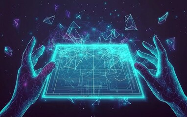 Wall Mural - hands interacting with a glowing, futuristic holographic interface displaying digital data and geome