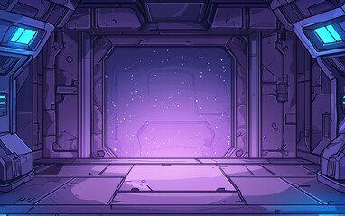 a futuristic corridor featuring a portal to a starry galaxy, bathed in purple hues, located inside a