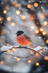 Wall Mural - Bullfinch on Snowy Christmas Branch