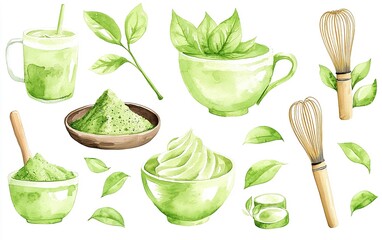 Beautiful watercolor illustrations of matcha tea accessories and ingredients displayed in a vibrant green palette