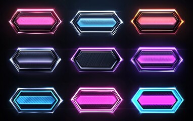 Wall Mural - Colorful neon hexagonal buttons arranged in a grid with glowing edges on a dark background, ideal for digital design and gaming interfaces