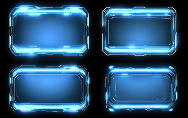 Futuristic glowing frames with a blue neon glow displayed on a black background, suitable for digital media and graphic design projects