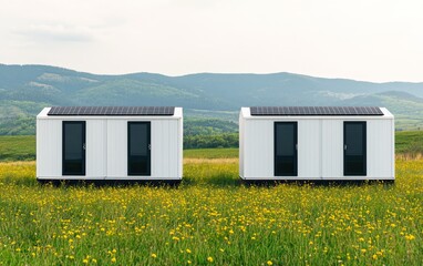 Two modern, eco-friendly cabins with solar panels sit in a lush green field, surrounded by rolling hills and vibrant flowers under a clear sky.