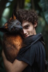 Young man gently embraces a bat while surrounded by lush greenery in a serene setting