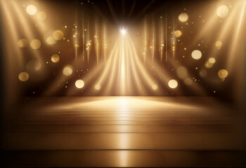 Wall Mural - a wooden stage is illuminated by spotlights, creating a glowing path toward the center of the stage.