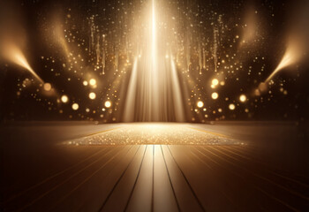 Wall Mural - a golden stage lit by spotlights with a shimmering surface.