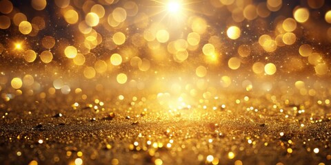 Golden bokeh background with real backlit dust particles and lens flare for design projects, abstract gold backdrop for creative use, festive glowing lights texture, shiny sparklin