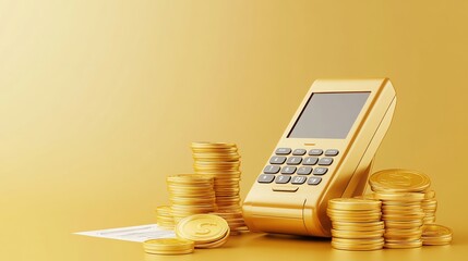 A gold credit card terminal and gold coins on a yellow surface.