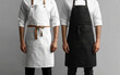 © HumanArtPixels - Chef kitchen apron. Chef cook in a uniform, kitchen apron, wearing protective apparel, culinary environment, food service setting, chef in kitchen interior, apron mock-up. Realistic style photo