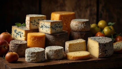 Various round, sliced ​​cured cheeses on a wooden board, warmly illuminated in a rustic setting with a dark background, highlighting their texture and color.