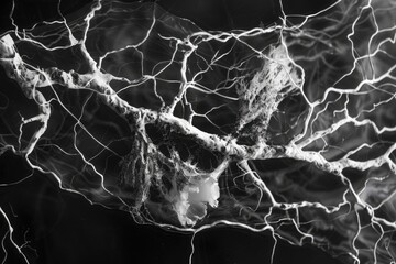 A close-up view of a intricate spider web in monochrome