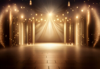 Poster - a stage bathed in golden light, with beams converging on the center, creating a spotlight effect.