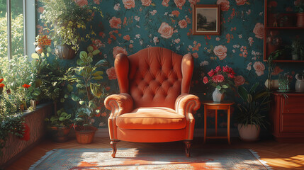 Cozy vintage armchair in a floral-themed room