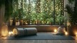 © Tarinee - A cozy yoga nook with a yoga mat rolled out and various accessories like a bolster and straps, accompanied by natural elements such as plants and soft lighting