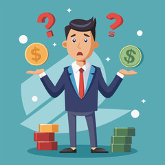 A confused businessman with question marks above his head is faced with a difficult decision. He holds two stacks of money in his hands, representing different financial options.