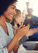© peopleimages.com - Group, business woman and applause with diversity in seminar for presentation, pitch or proposal. Team, people and collaboration for employee engagement, discussion and conference in corporate office