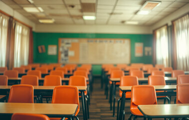 Poster - an empty classroom with rows of orange desks and a green board. The room appears to be unoccupied.