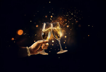 Two champagne flutes are held up in a toast, with sparkling golden bokeh behind them.