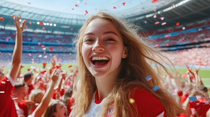 Excited Caucasian Young Female Soccer Fan Cheering and Celebrating Her Team's Victory with Enthusiasm During a Championship Match at a Crowded Sports Stadium