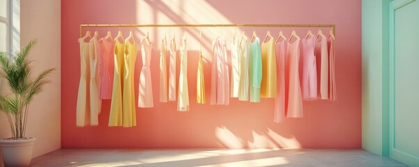 Wall Mural - Minimalist wardrobe rack with a display of pastel colored dresses in a clean fresh and visually appealing setup  The image showcases a minimalist organized