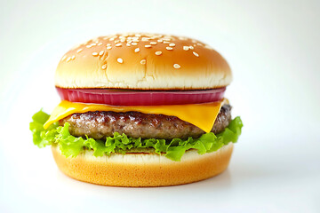 Close-up of a juicy cheeseburger featuring fresh lettuce, red onion, melted cheese, and a sesame seed bun, isolated on a white background